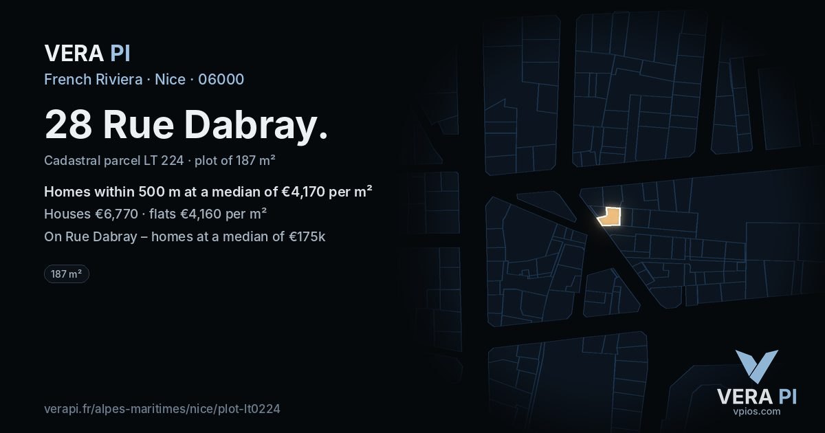 28 Rue Dabray, Nice at night – the plot lit, the parcels around coloured by the prices near them