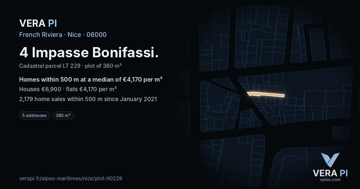 4 Impasse Bonifassi, Nice at night – the plot lit, the parcels around coloured by the prices near them