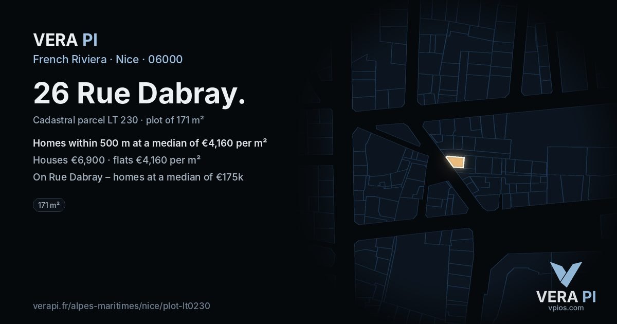 26 Rue Dabray, Nice at night – the plot lit, the parcels around coloured by the prices near them