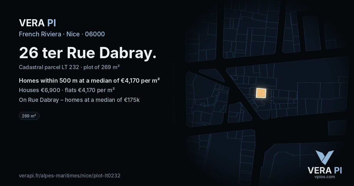 26 ter Rue Dabray, Nice at night – the plot lit, the parcels around coloured by the prices near them