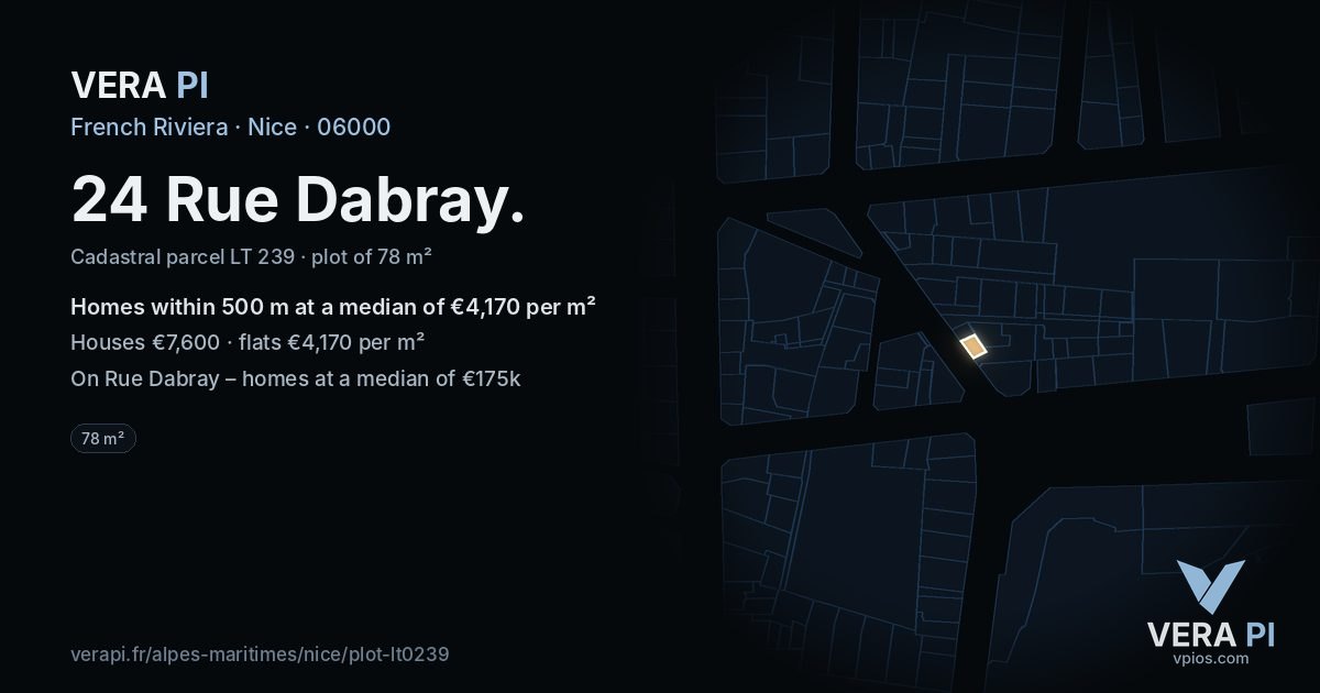 24 Rue Dabray, Nice at night – the plot lit, the parcels around coloured by the prices near them