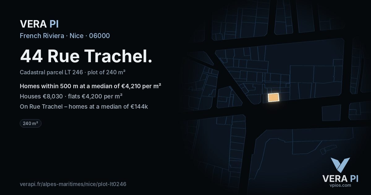 44 Rue Trachel, Nice at night – the plot lit, the parcels around coloured by the prices near them