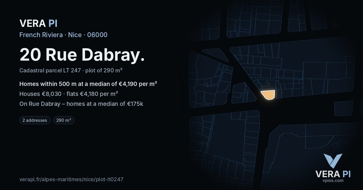 20 Rue Dabray, Nice at night – the plot lit, the parcels around coloured by the prices near them