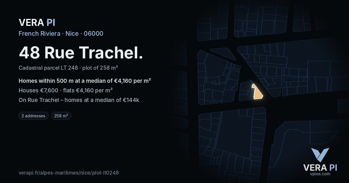 48 Rue Trachel, Nice at night – the plot lit, the parcels around coloured by the prices near them
