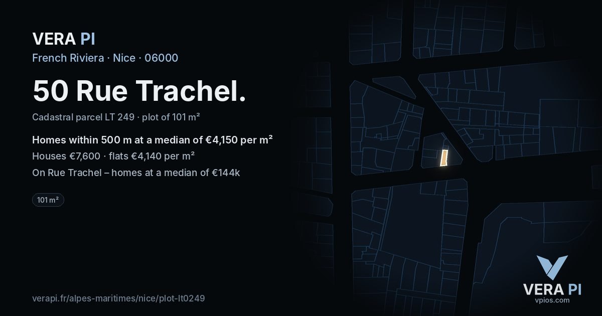 50 Rue Trachel, Nice at night – the plot lit, the parcels around coloured by the prices near them