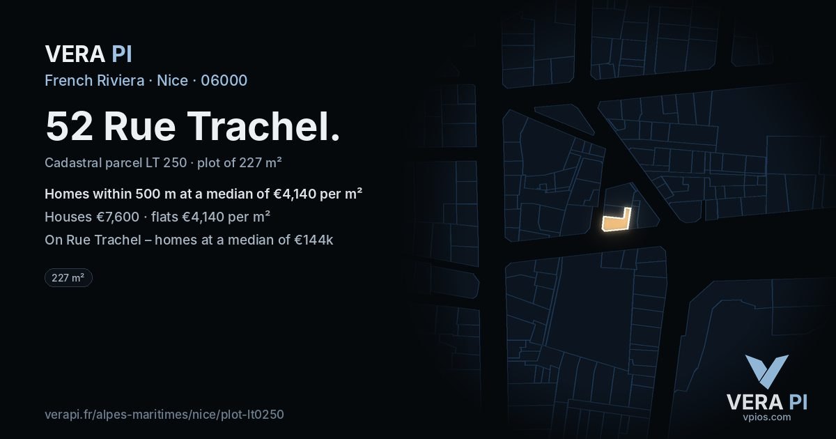 52 Rue Trachel, Nice at night – the plot lit, the parcels around coloured by the prices near them