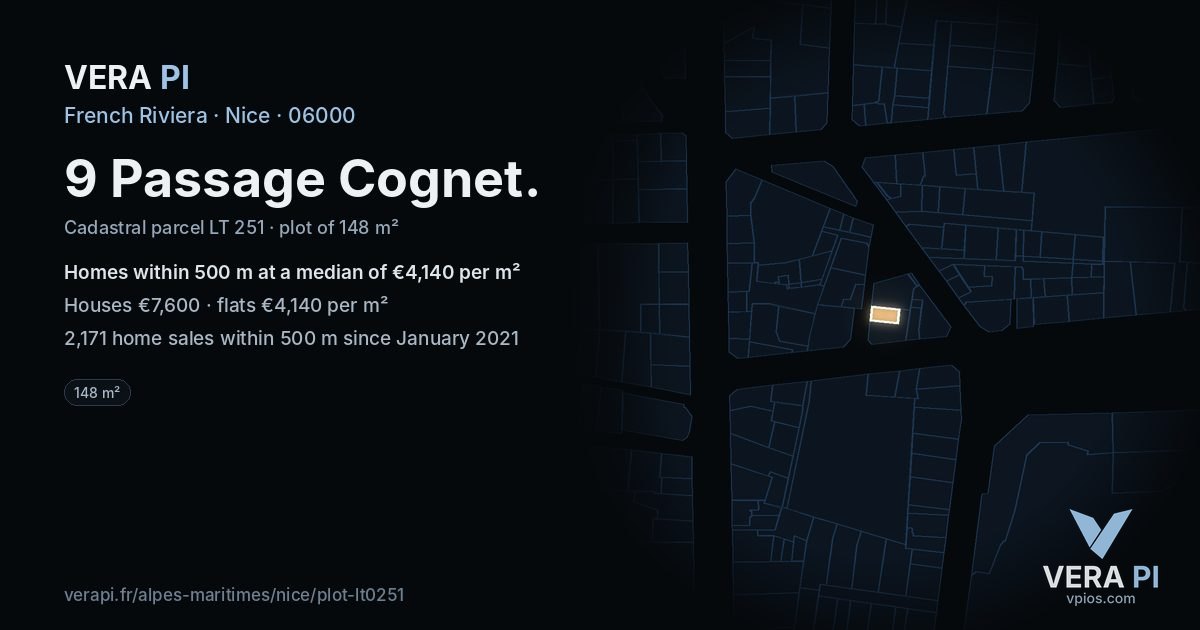 9 Passage Cognet, Nice at night – the plot lit, the parcels around coloured by the prices near them