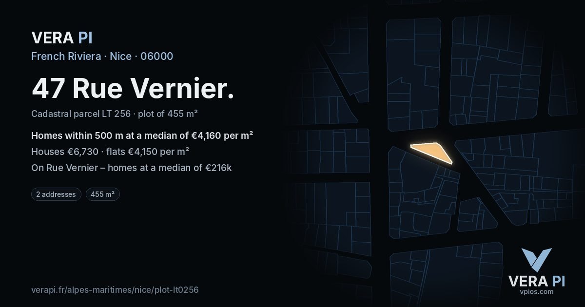 47 Rue Vernier, Nice at night – the plot lit, the parcels around coloured by the prices near them