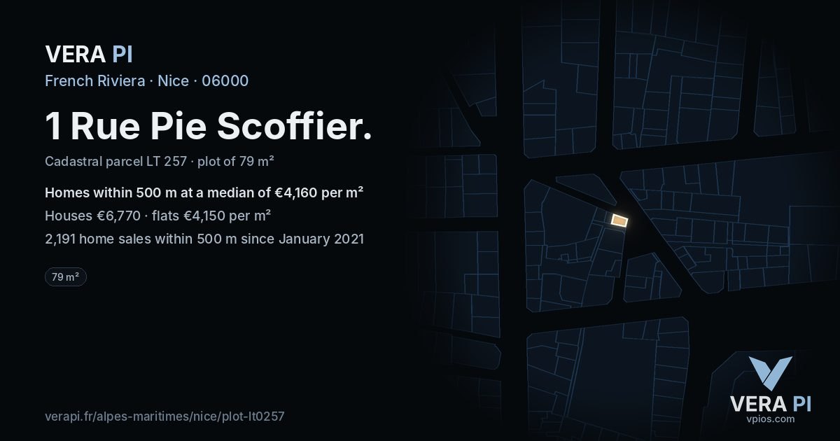 1 Rue Pie Scoffier, Nice at night – the plot lit, the parcels around coloured by the prices near them