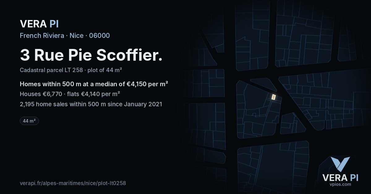 3 Rue Pie Scoffier, Nice at night – the plot lit, the parcels around coloured by the prices near them