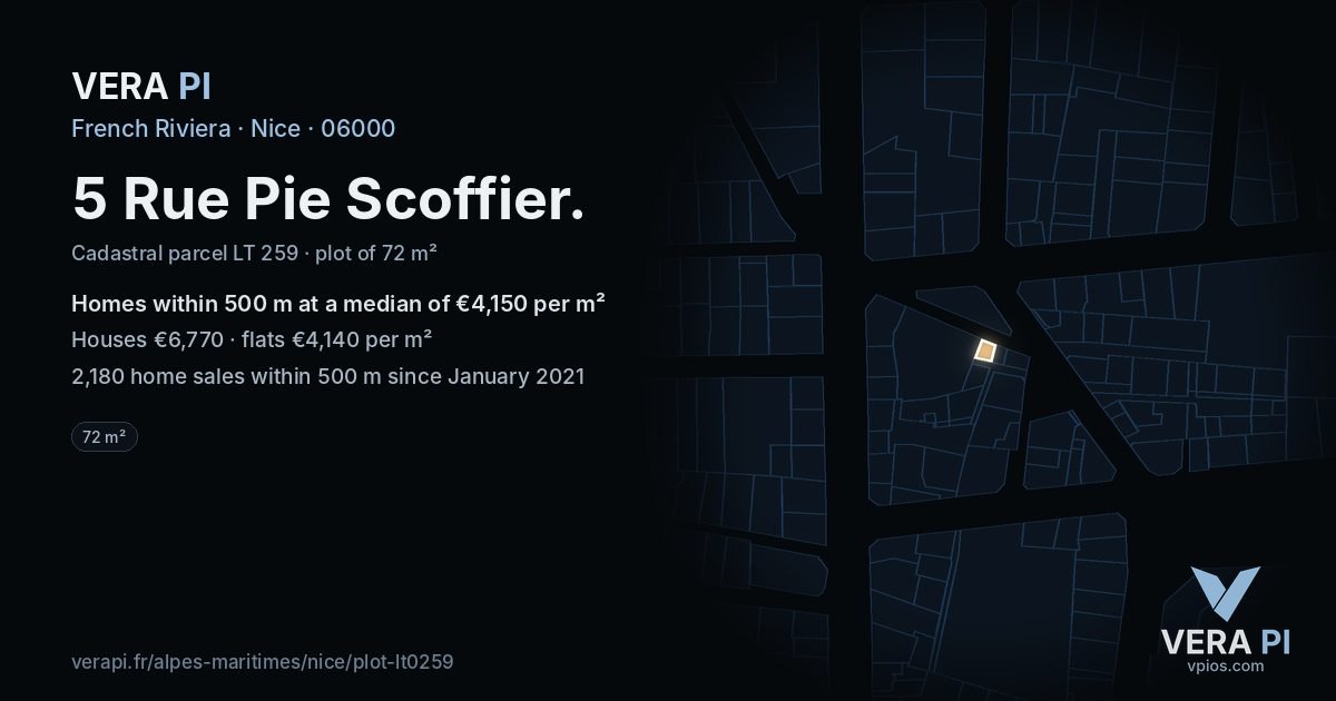 5 Rue Pie Scoffier, Nice at night – the plot lit, the parcels around coloured by the prices near them