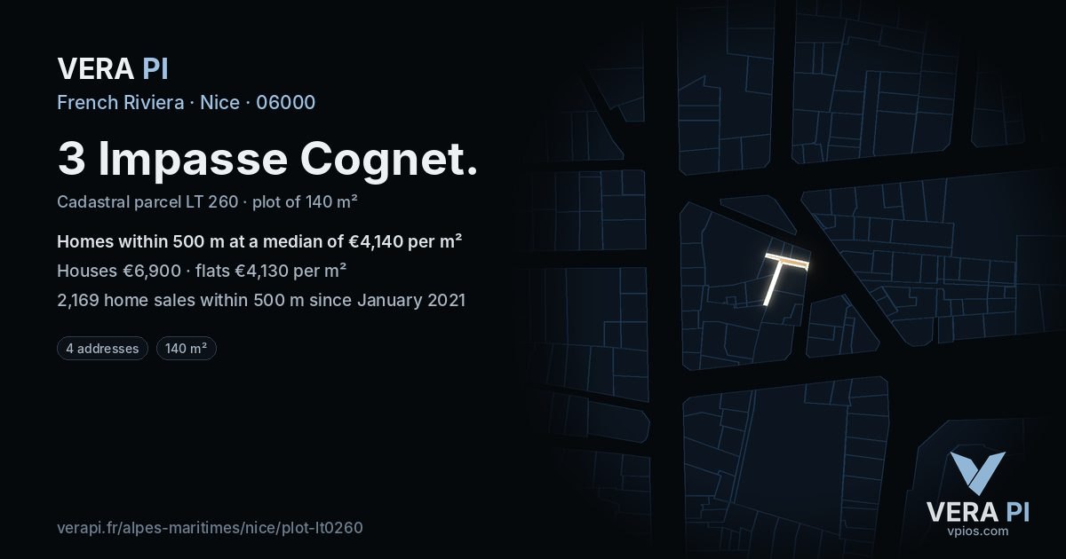 3 Impasse Cognet, Nice at night – the plot lit, the parcels around coloured by the prices near them