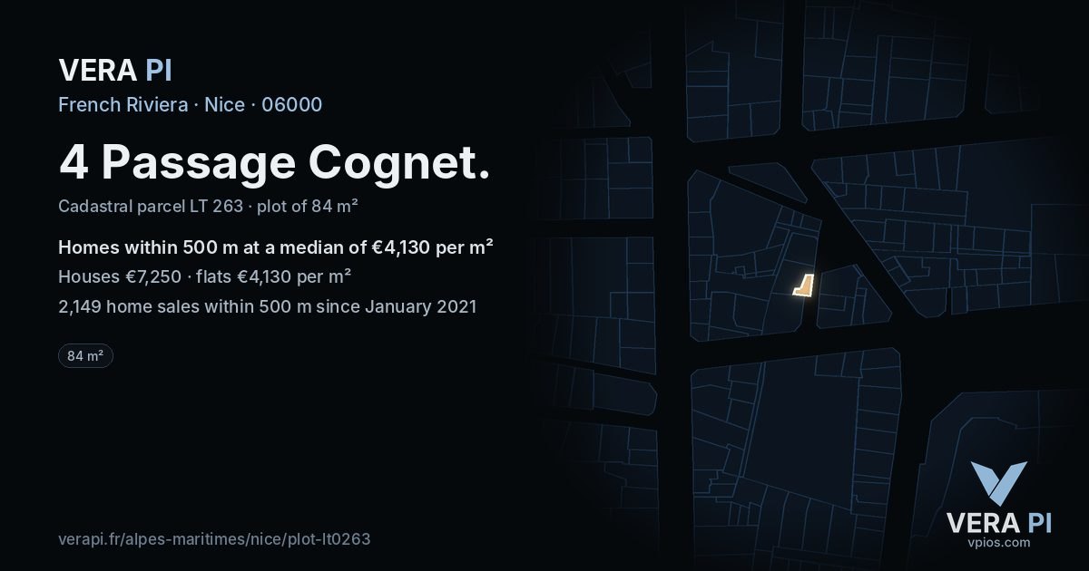 4 Passage Cognet, Nice at night – the plot lit, the parcels around coloured by the prices near them