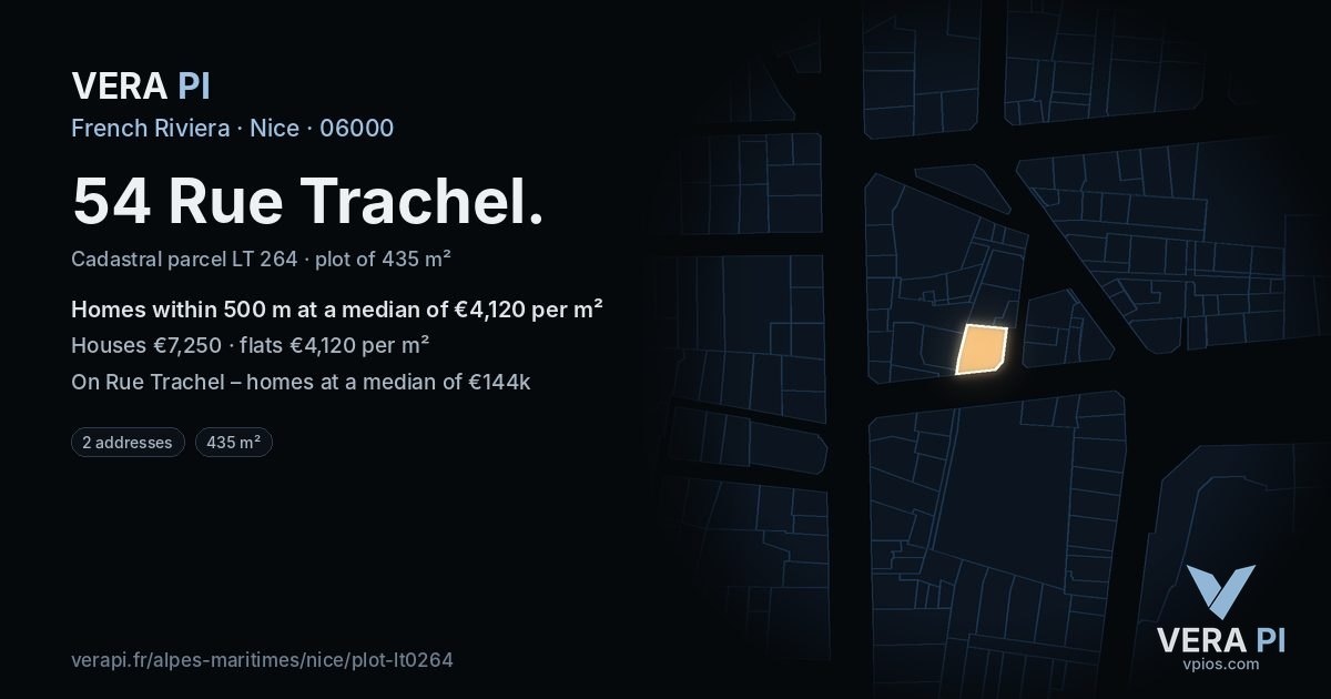 54 Rue Trachel, Nice at night – the plot lit, the parcels around coloured by the prices near them