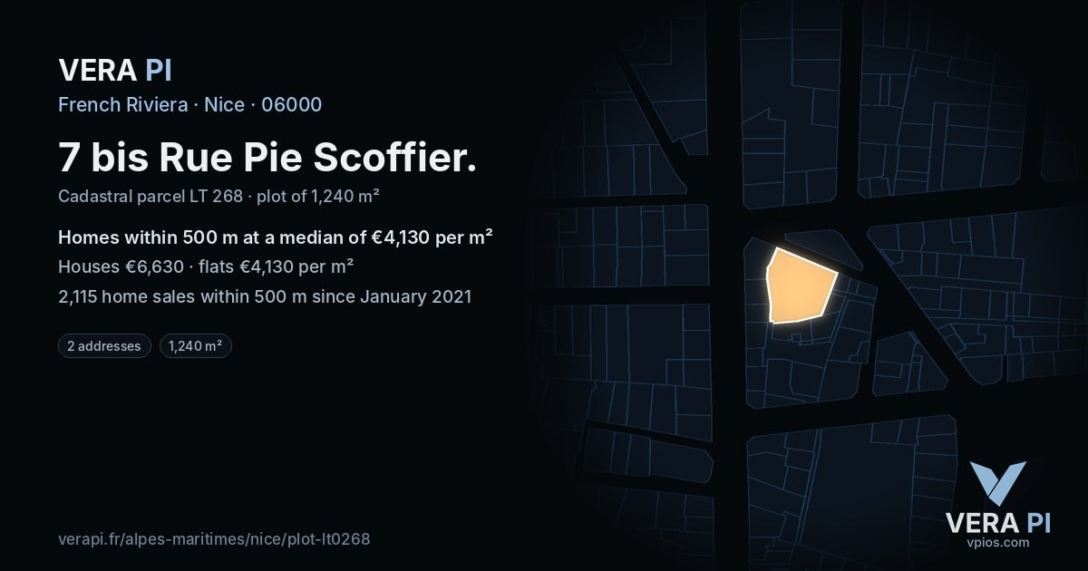 7 bis Rue Pie Scoffier, Nice at night – the plot lit, the parcels around coloured by the prices near them