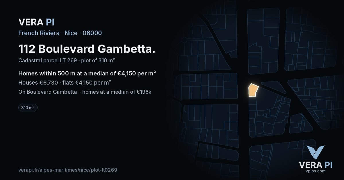 112 Boulevard Gambetta, Nice at night – the plot lit, the parcels around coloured by the prices near them