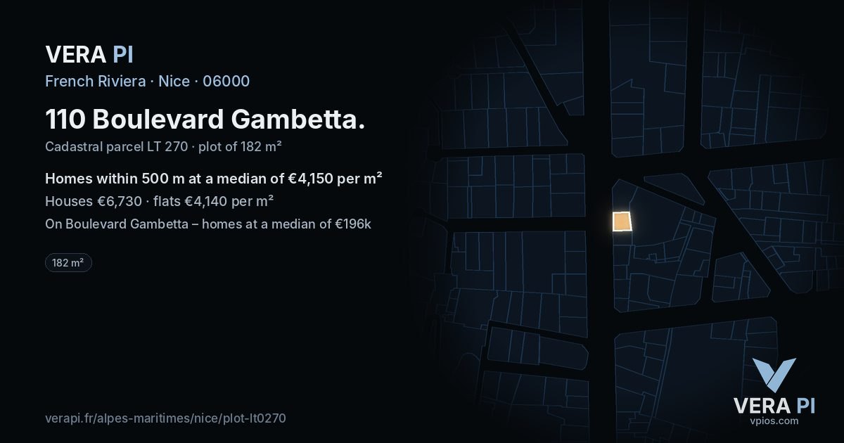 110 Boulevard Gambetta, Nice at night – the plot lit, the parcels around coloured by the prices near them