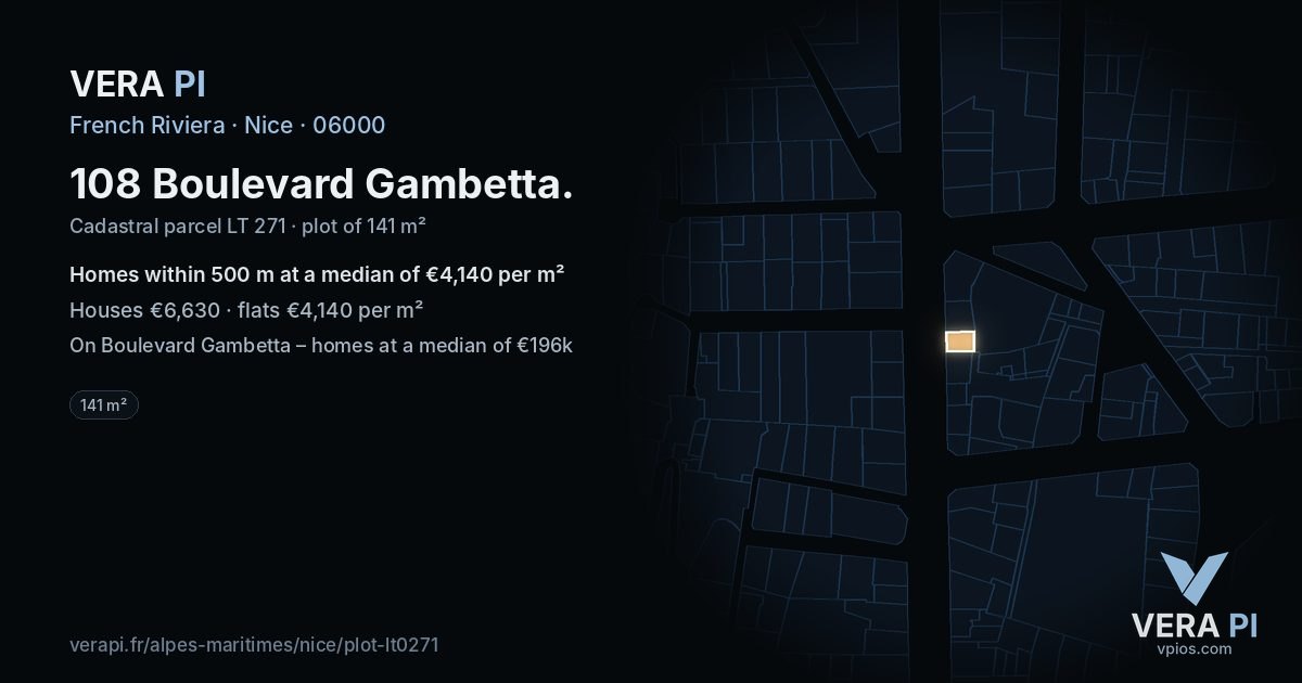 108 Boulevard Gambetta, Nice at night – the plot lit, the parcels around coloured by the prices near them