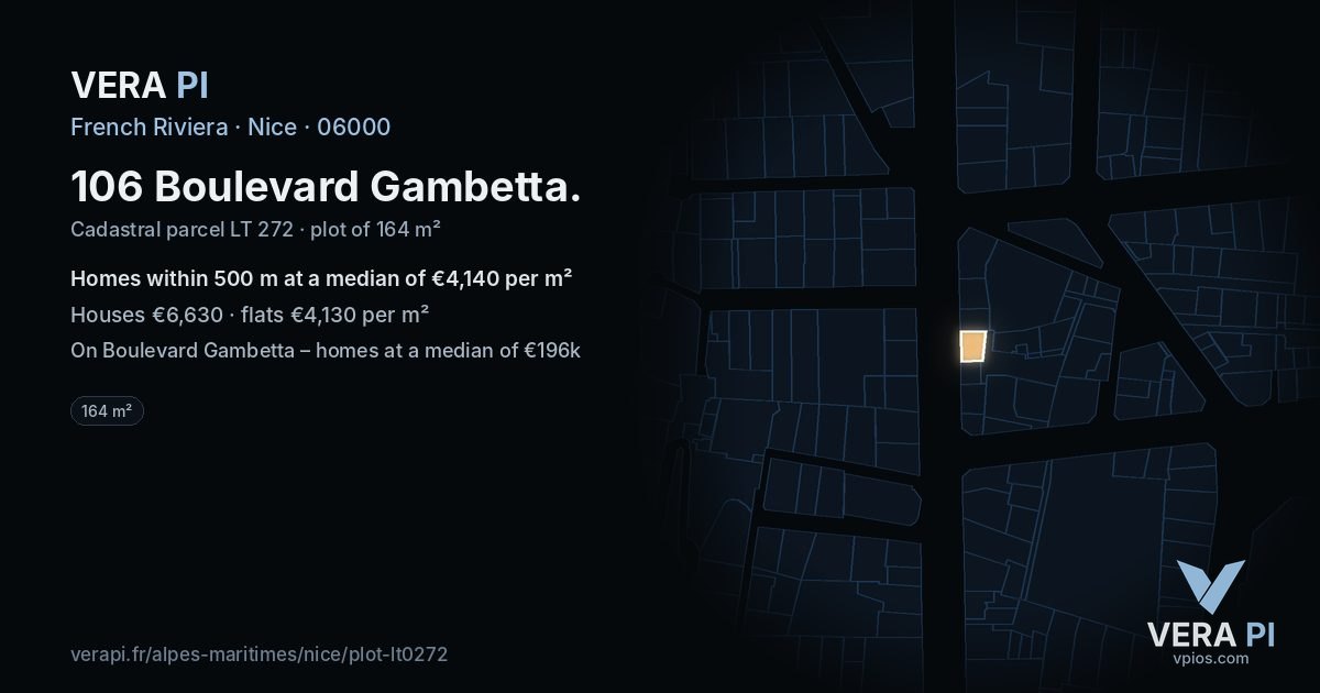 106 Boulevard Gambetta, Nice at night – the plot lit, the parcels around coloured by the prices near them