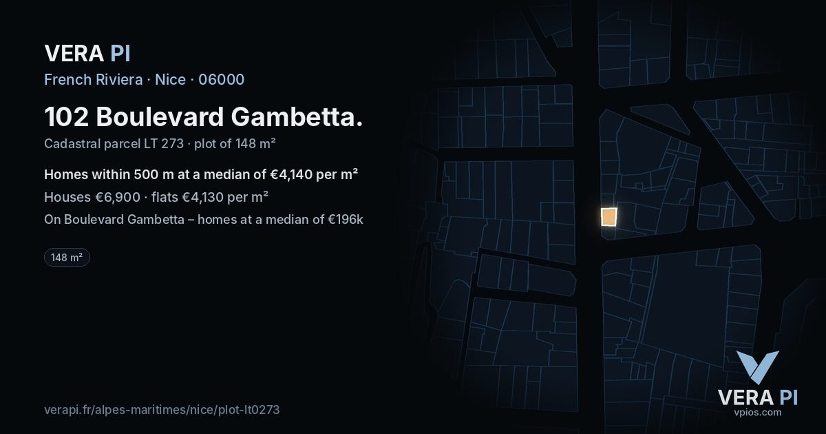 102 Boulevard Gambetta, Nice at night – the plot lit, the parcels around coloured by the prices near them