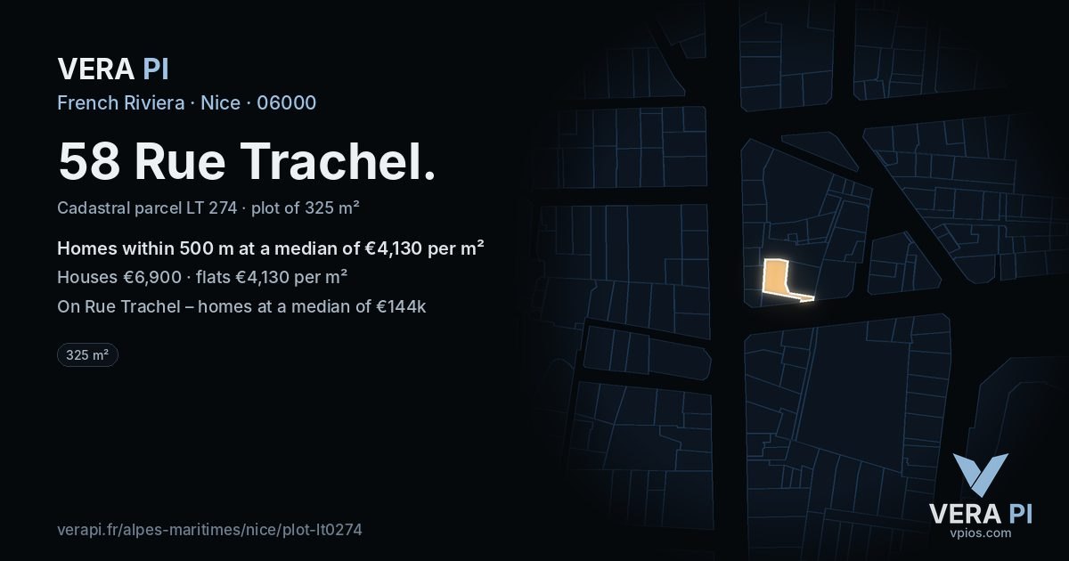 58 Rue Trachel, Nice at night – the plot lit, the parcels around coloured by the prices near them