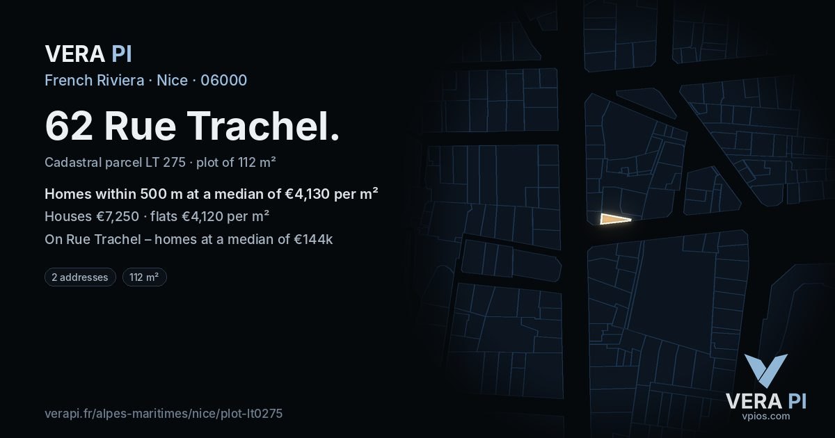 62 Rue Trachel, Nice at night – the plot lit, the parcels around coloured by the prices near them