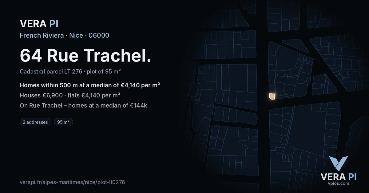 64 Rue Trachel, Nice at night – the plot lit, the parcels around coloured by the prices near them