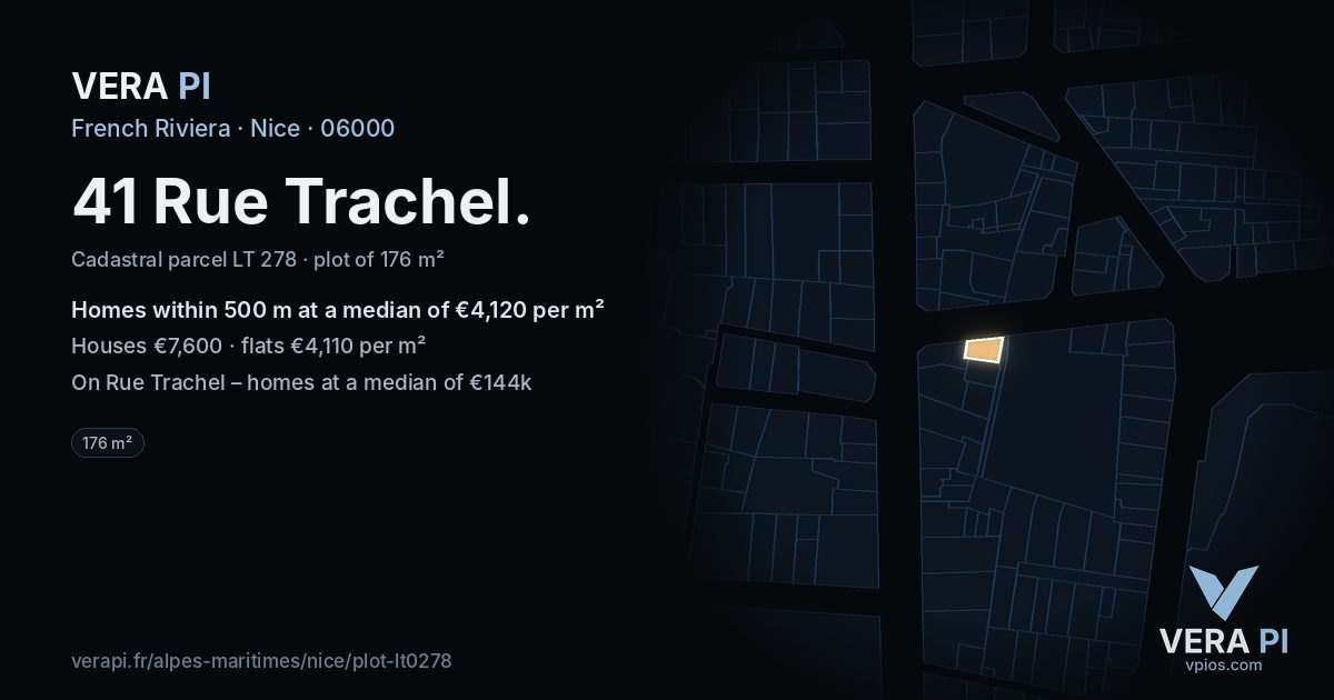 41 Rue Trachel, Nice at night – the plot lit, the parcels around coloured by the prices near them