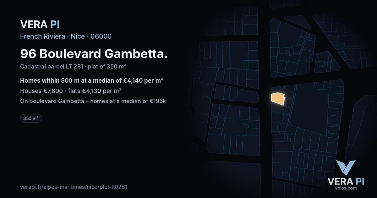 96 Boulevard Gambetta, Nice at night – the plot lit, the parcels around coloured by the prices near them