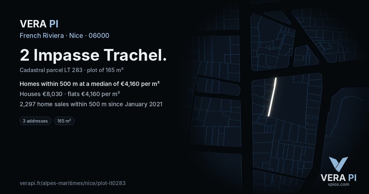 2 Impasse Trachel, Nice at night – the plot lit, the parcels around coloured by the prices near them