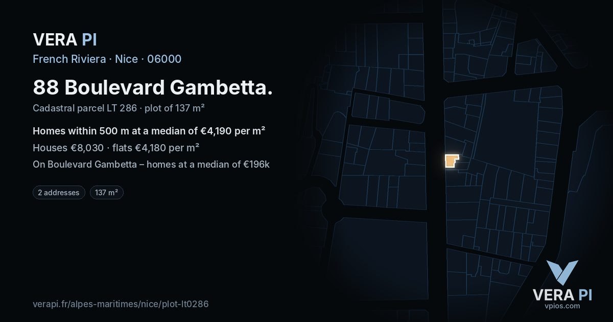 88 Boulevard Gambetta, Nice at night – the plot lit, the parcels around coloured by the prices near them