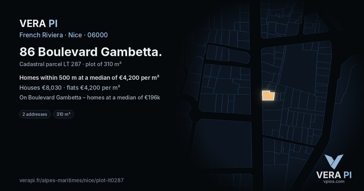 86 Boulevard Gambetta, Nice at night – the plot lit, the parcels around coloured by the prices near them