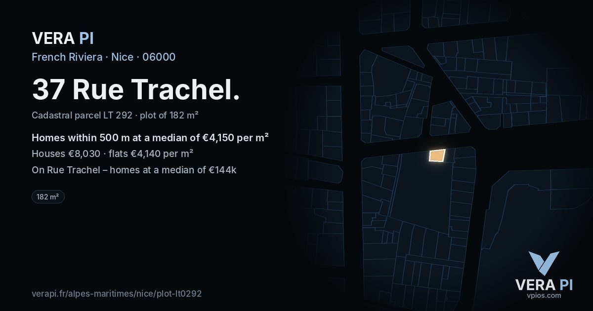 37 Rue Trachel, Nice at night – the plot lit, the parcels around coloured by the prices near them