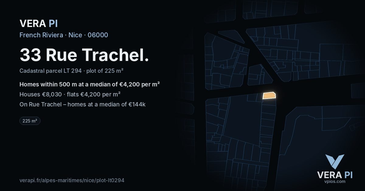 33 Rue Trachel, Nice at night – the plot lit, the parcels around coloured by the prices near them