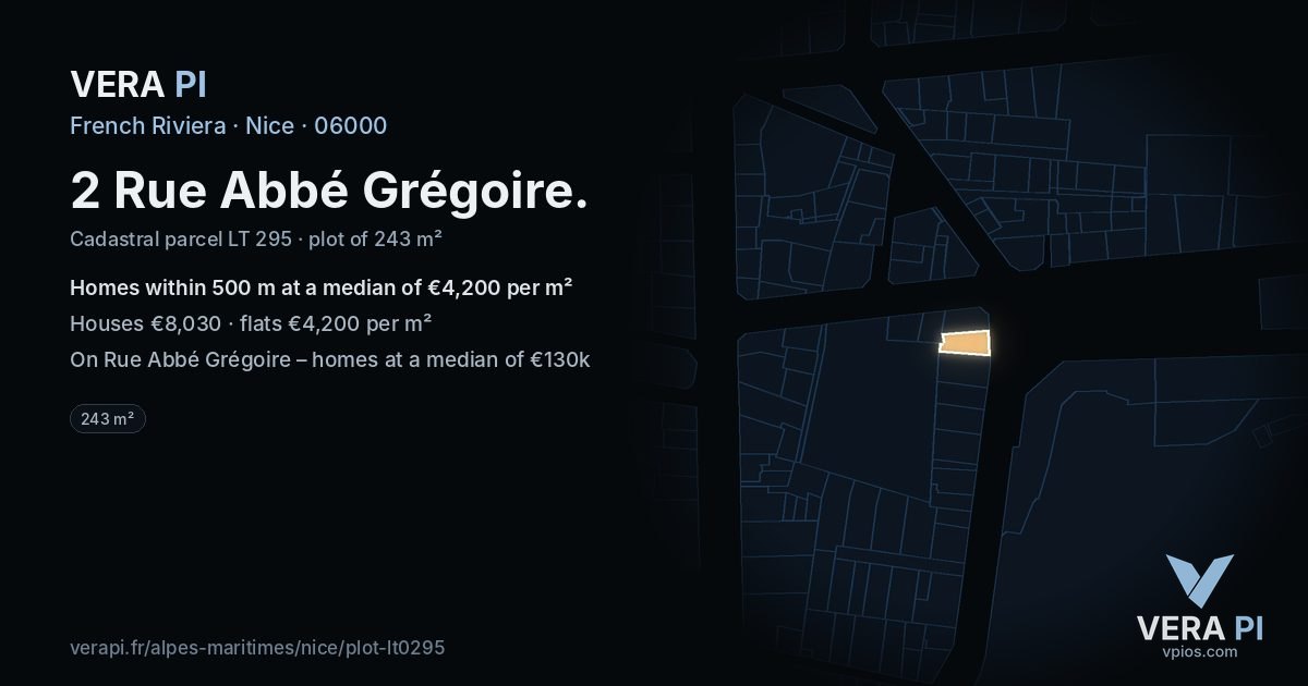 2 Rue Abbé Grégoire, Nice at night – the plot lit, the parcels around coloured by the prices near them
