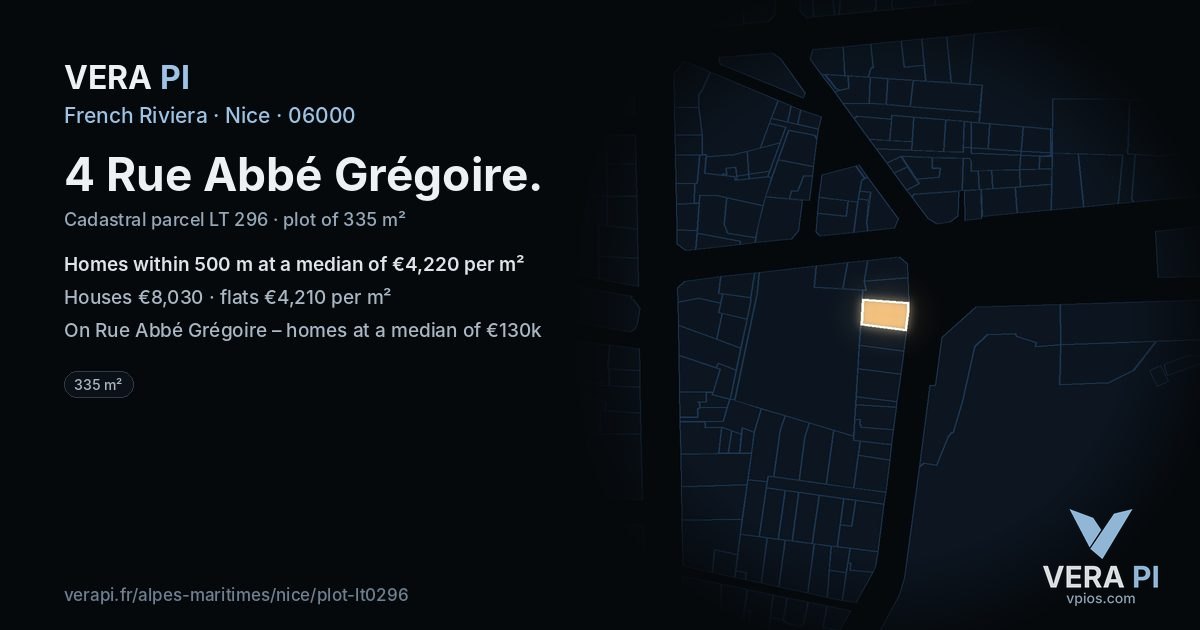 4 Rue Abbé Grégoire, Nice at night – the plot lit, the parcels around coloured by the prices near them