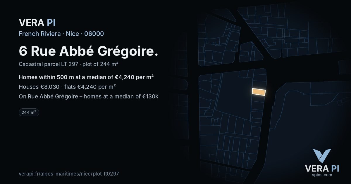6 Rue Abbé Grégoire, Nice at night – the plot lit, the parcels around coloured by the prices near them