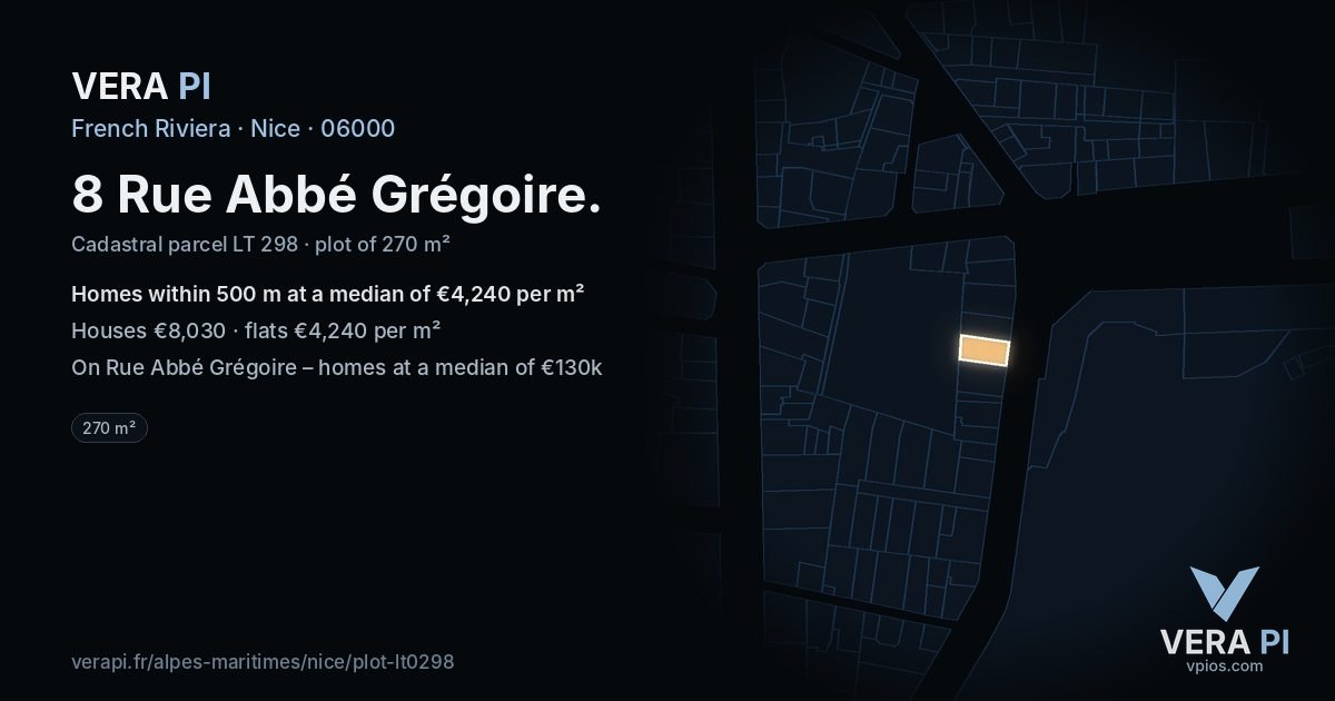 8 Rue Abbé Grégoire, Nice at night – the plot lit, the parcels around coloured by the prices near them
