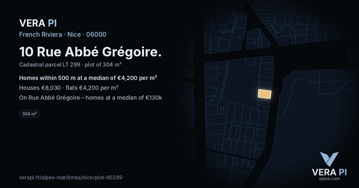 10 Rue Abbé Grégoire, Nice at night – the plot lit, the parcels around coloured by the prices near them