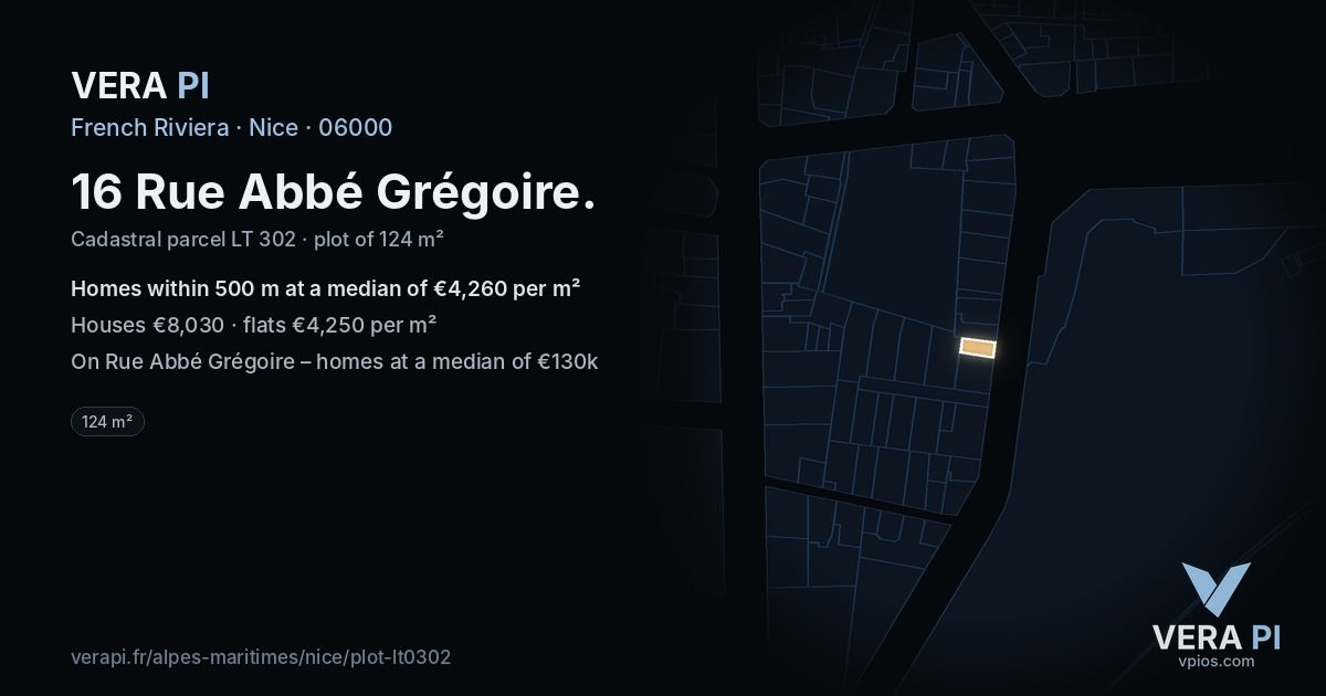 16 Rue Abbé Grégoire, Nice at night – the plot lit, the parcels around coloured by the prices near them