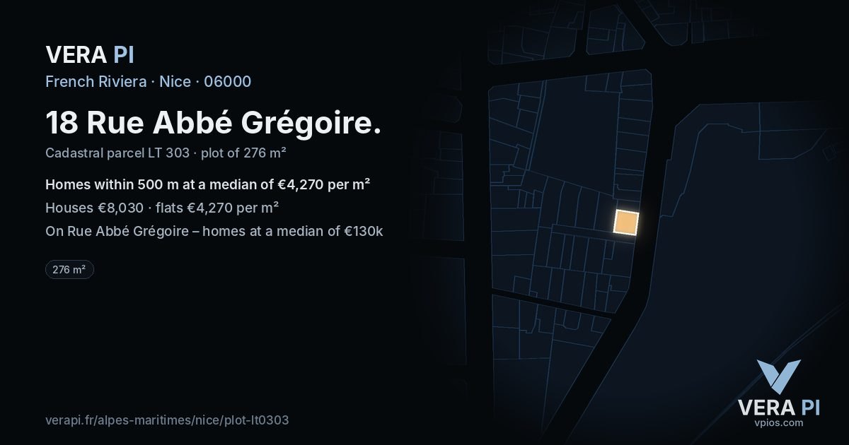 18 Rue Abbé Grégoire, Nice at night – the plot lit, the parcels around coloured by the prices near them