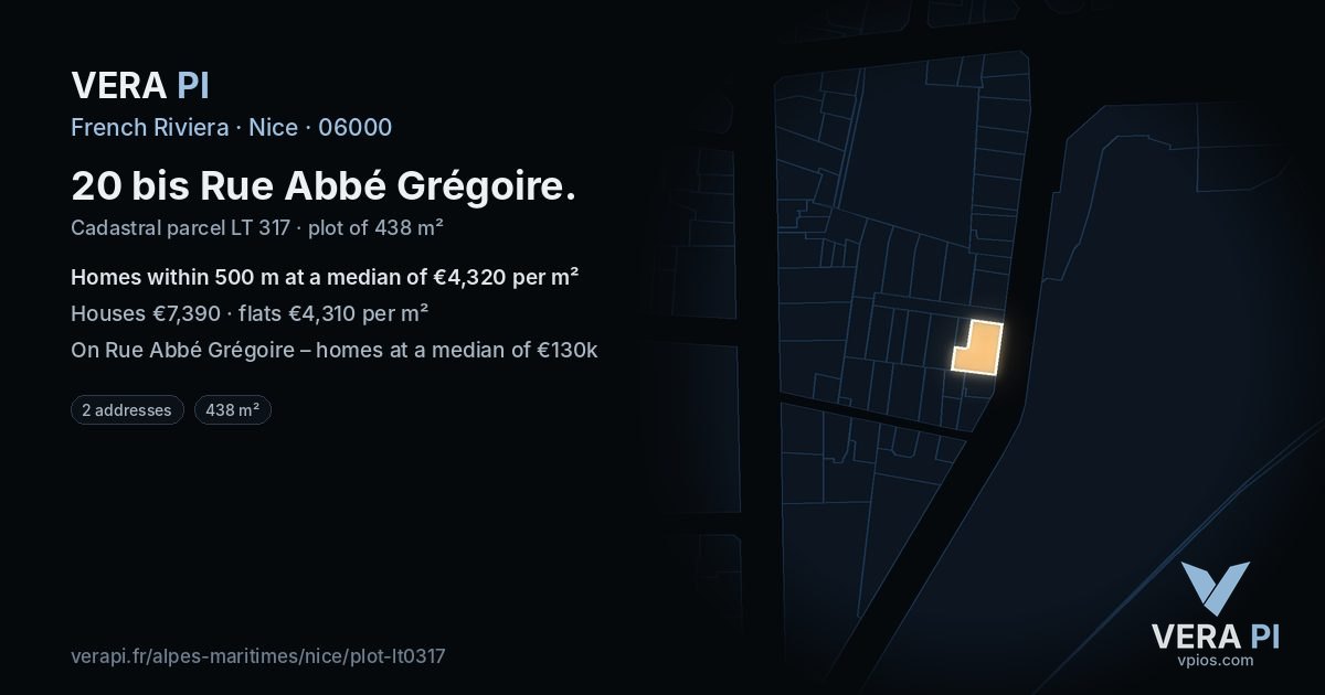 20 bis Rue Abbé Grégoire, Nice at night – the plot lit, the parcels around coloured by the prices near them
