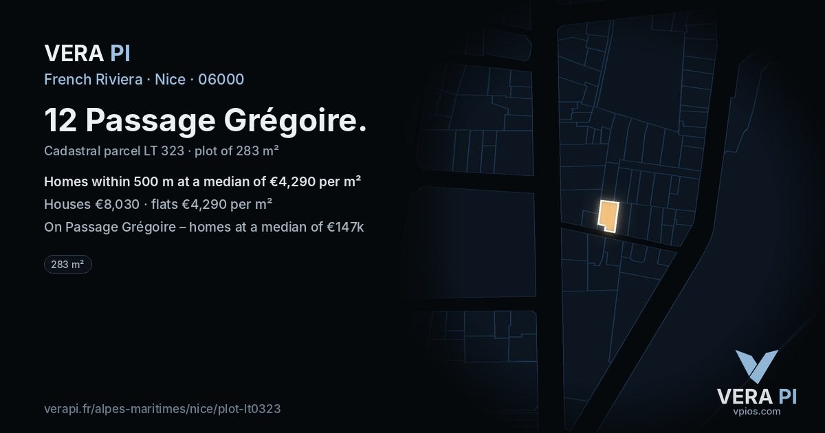 12 Passage Grégoire, Nice at night – the plot lit, the parcels around coloured by the prices near them