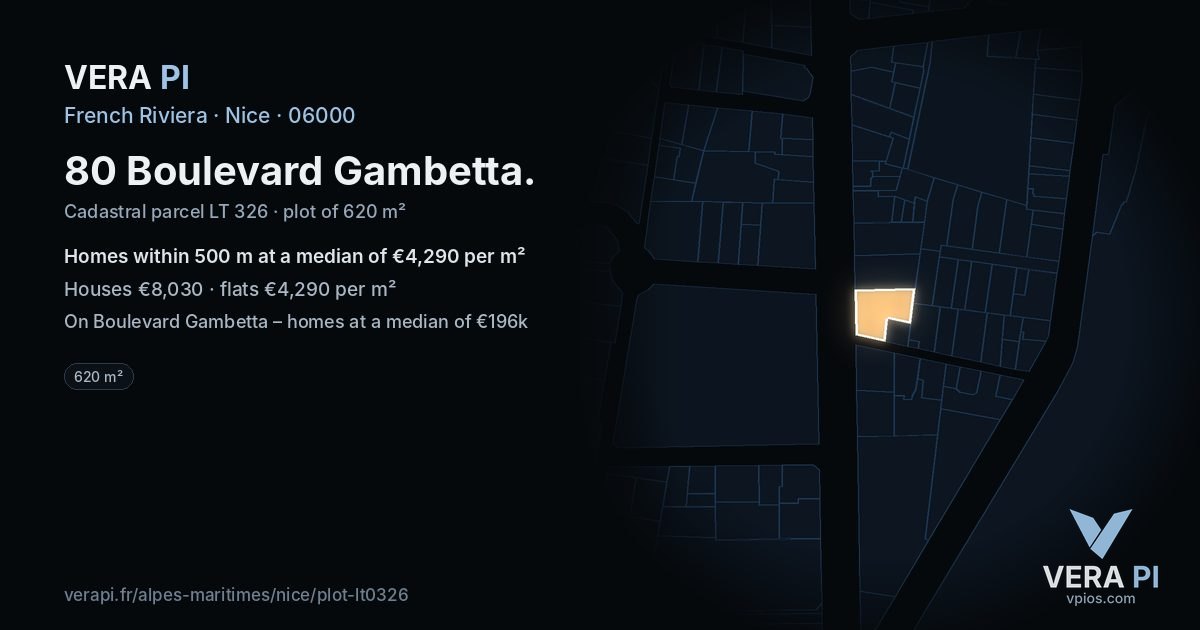 80 Boulevard Gambetta, Nice at night – the plot lit, the parcels around coloured by the prices near them