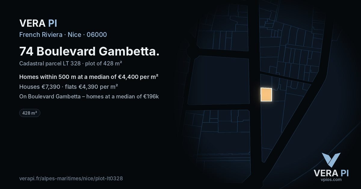 74 Boulevard Gambetta, Nice at night – the plot lit, the parcels around coloured by the prices near them