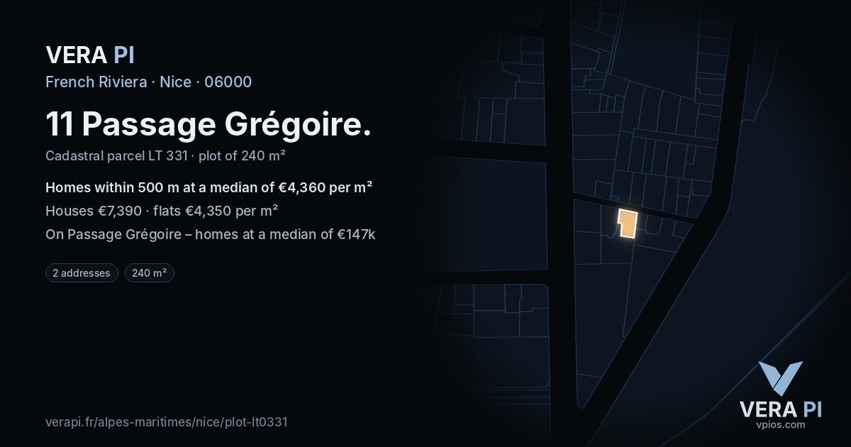 11 Passage Grégoire, Nice at night – the plot lit, the parcels around coloured by the prices near them