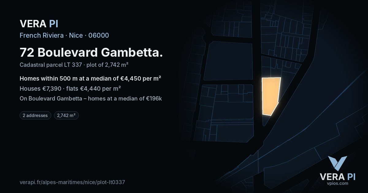 72 Boulevard Gambetta, Nice at night – the plot lit, the parcels around coloured by the prices near them