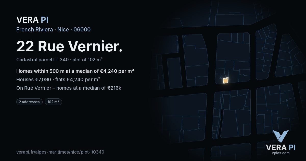 22 Rue Vernier, Nice at night – the plot lit, the parcels around coloured by the prices near them