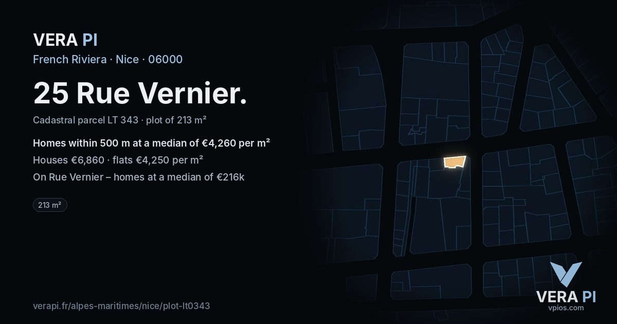 25 Rue Vernier, Nice at night – the plot lit, the parcels around coloured by the prices near them