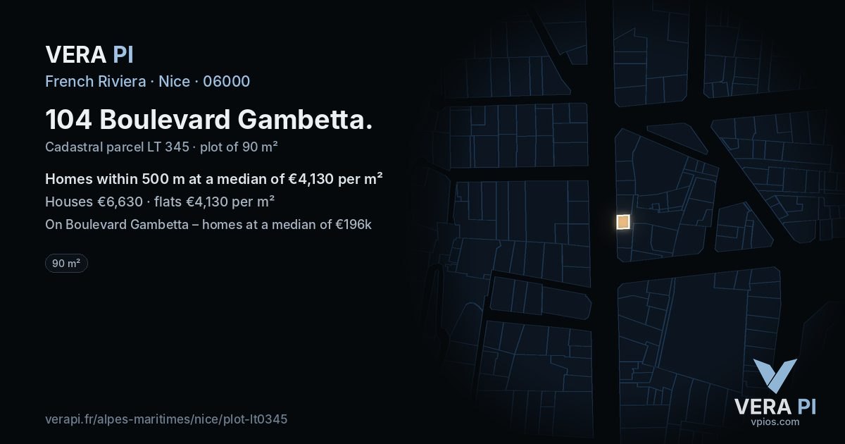 104 Boulevard Gambetta, Nice at night – the plot lit, the parcels around coloured by the prices near them